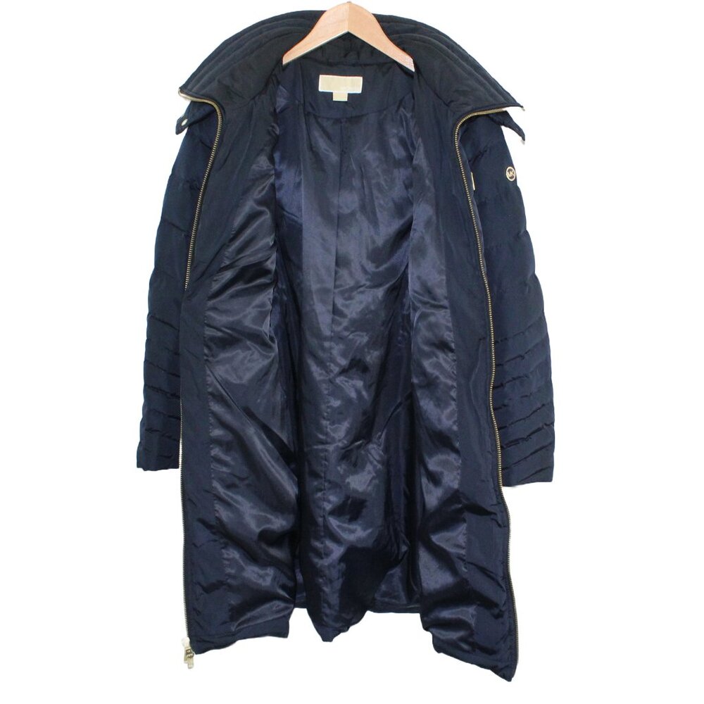 MICHAEL KORS Down Blend Puffer Hooded Belted Mid Length Navy Blue Coat - Large - Picture 5 of 6